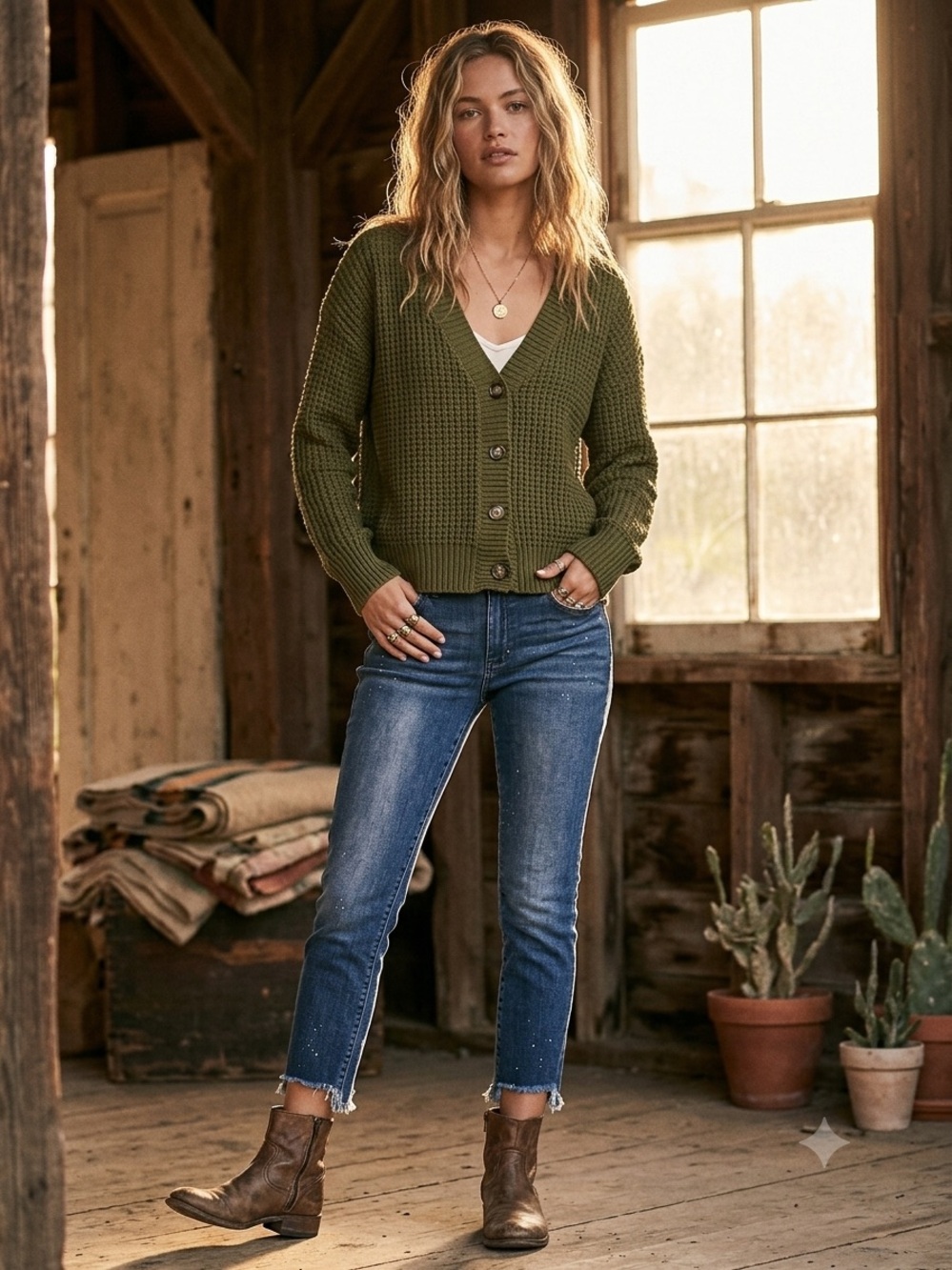 Zenana Premium Button-Up Waffle Cardigan- Olive Green